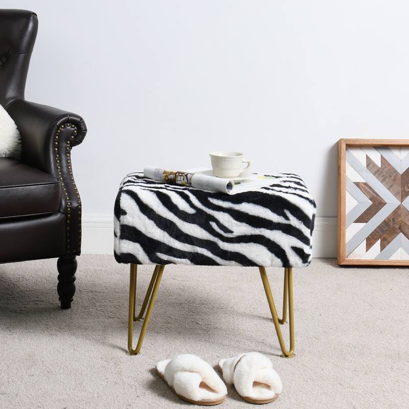 Home Soft Things Zebra Fauxfur Ottoman with Gold Metal Legs. - 19"x13"x17"