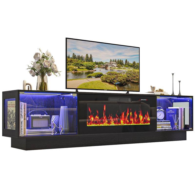 BOSSIN 80" Fireplace TV Stand with Adjustable LED Lights, Modern Entertainment Center with Glass Door Storage Cabinet, Black
