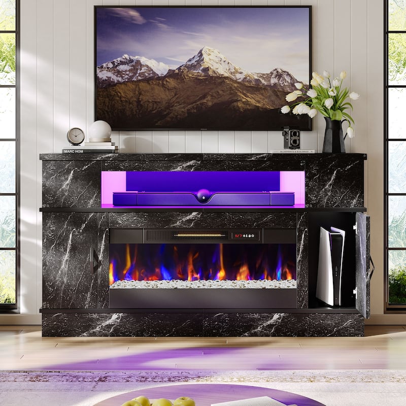 Bestier 63"W Tall Fireplace Tv Stand for 70 inch TV with 36"W Fireplace, LED Media Console with Open Shelf