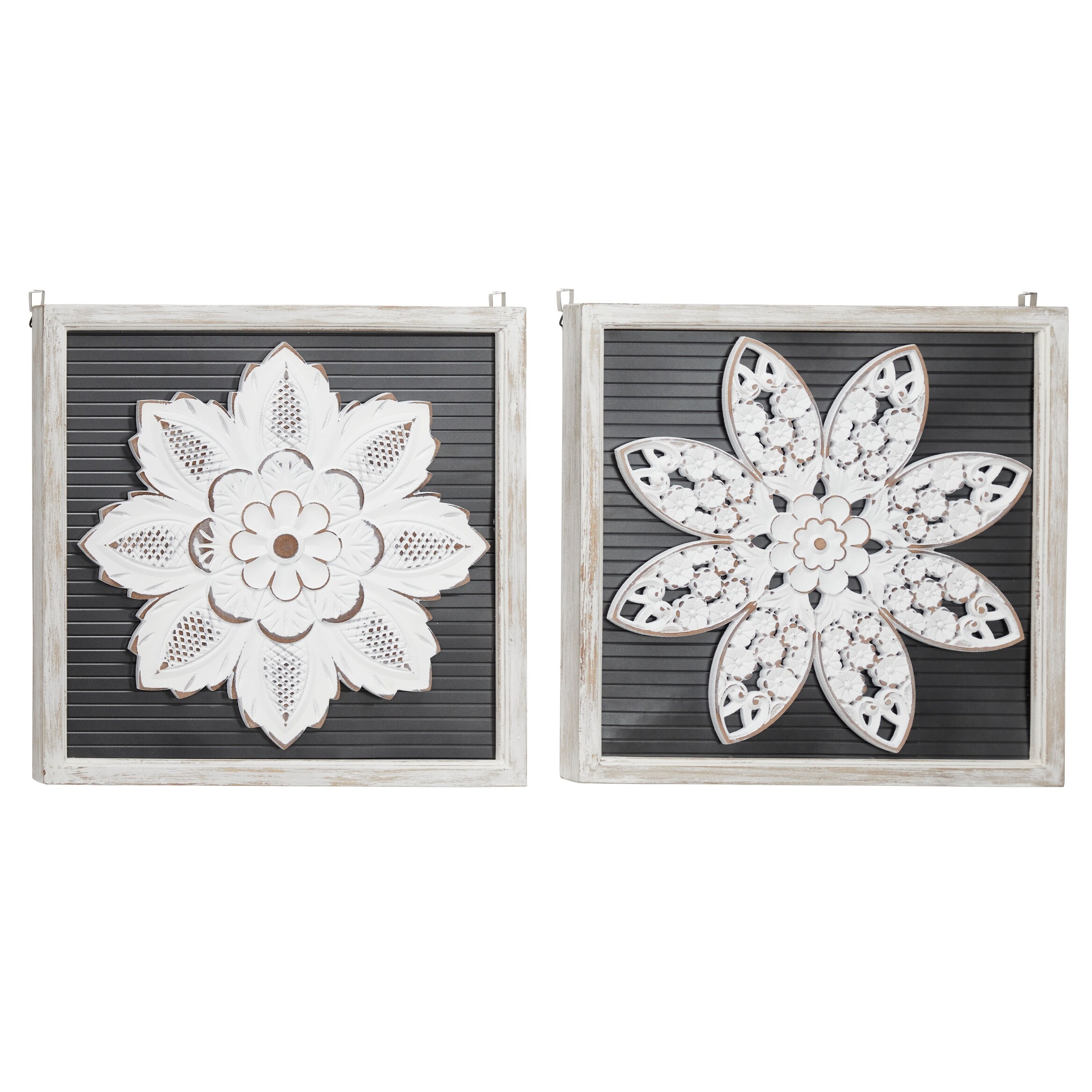 Shop 3d White Wood Flower Wall Decor Sculptures In Square Wood Framesset Of 2 18 5 X 18 5 Each Overstock 32017269