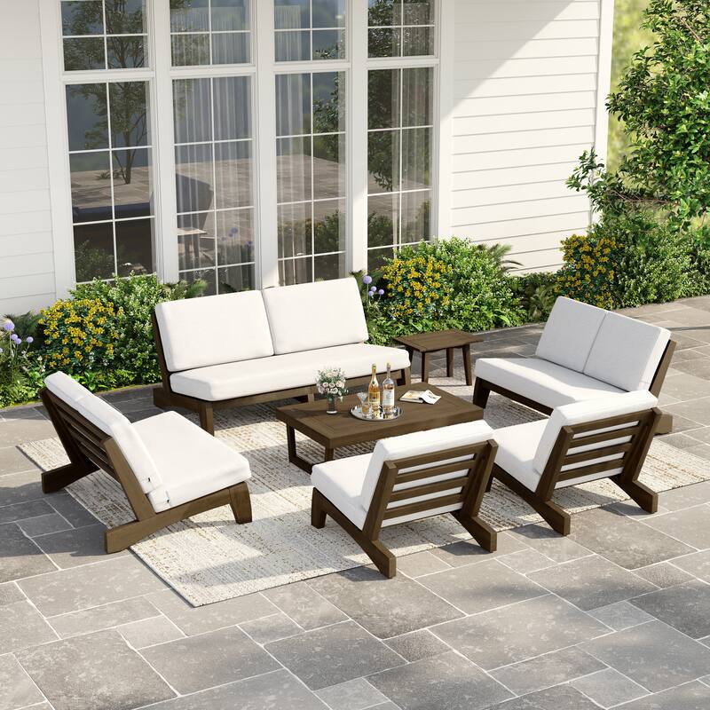 Casual Teak Wood Large 7-Piece Outdoor Patio Conversation Set