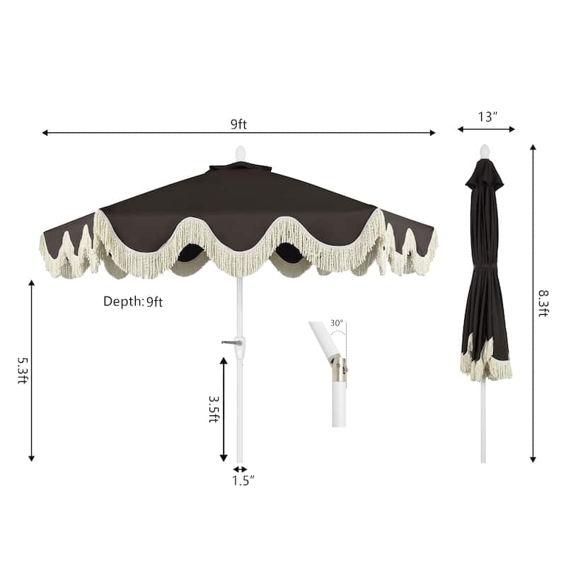 9ft Tassel Patio Umbrella Auto-Tilt, Crank , by JONATHAN Y