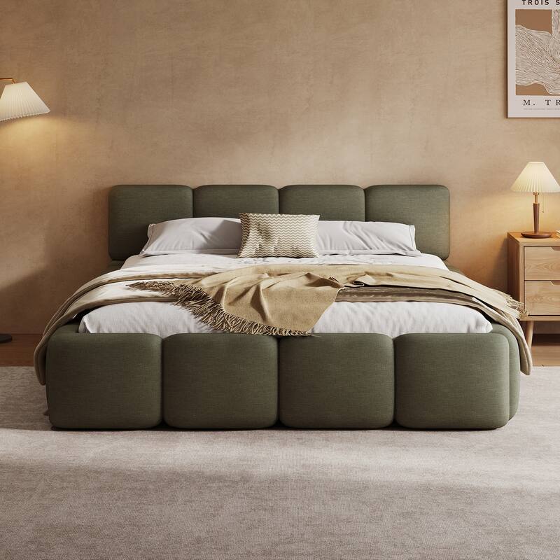 Christopher Knight Home Evelyn Platform Bed with Boucle Upholstery and Thick Block-Style Headboard