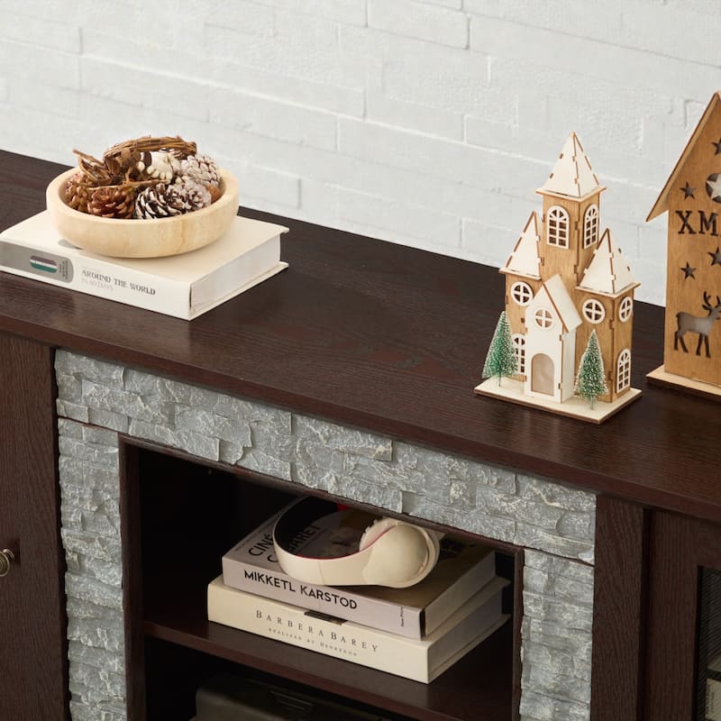 58" Modern TV Stand with Faux Stone Surround, Media Console Cabinet with 2 Doors and Shelves for TVs up to 75"