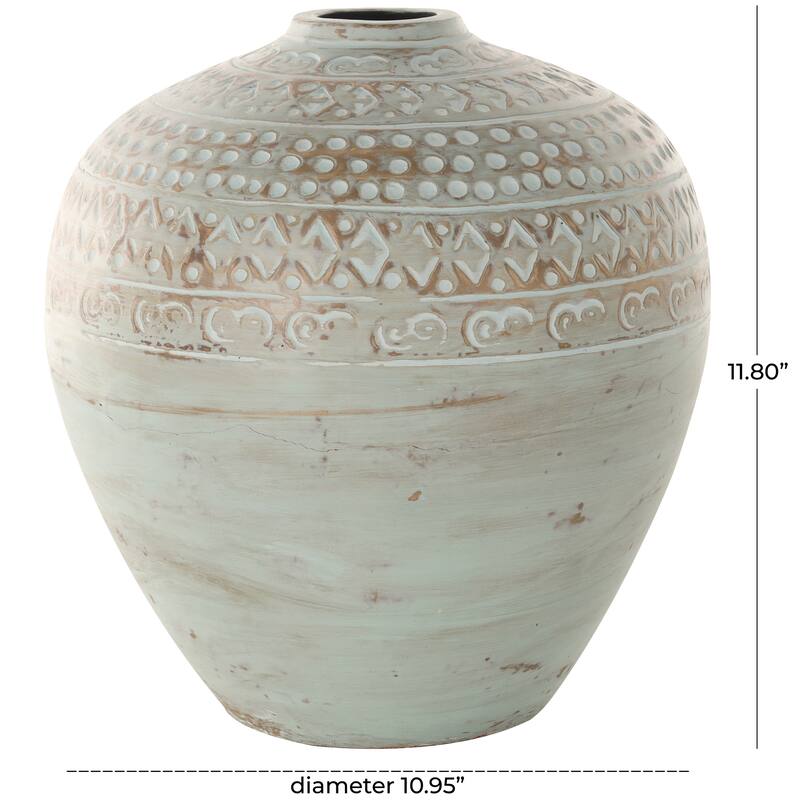 Green Ceramic Handmade Antique Style Wide Rounded Decorative Vase with Geometric Tribal Carvings
