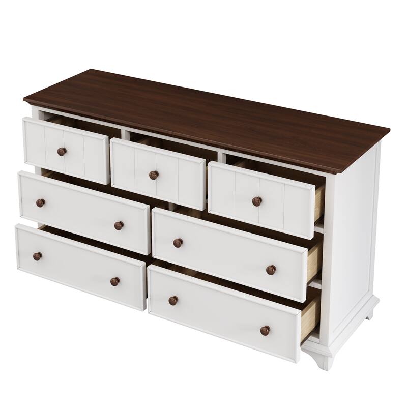 7 Drawer Dresser, Wooden Captain Dresser for Bedroom,Dresser Organizer Chest of Drawers for Nursery,Baby(White+Walnut)