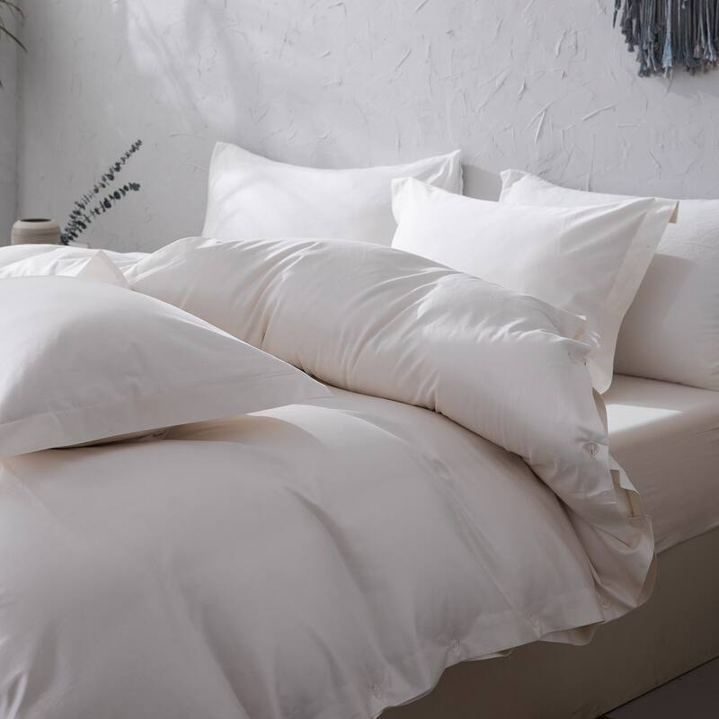 WHOLINENS Long Staple Cotton Sateen 400 TC Duvet Cover Set, Solid Color
