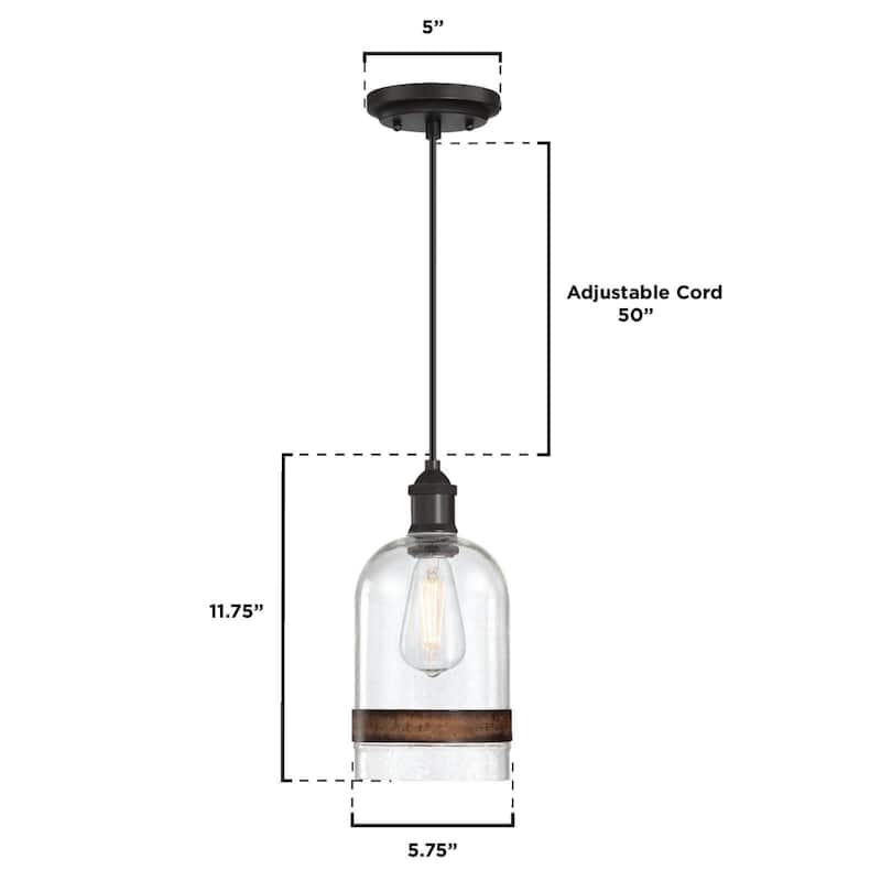 Westinghouse Lighting Tarrant One Light Indoor Mini Pendant, Black-Bronze Finish, Clear Seeded Glass with Barnwood Band