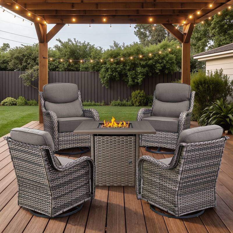 Arcadia 5-Piece Patio Conversation Set with 4 Swivel Glider Chairs and Wicker Square Fire Pit