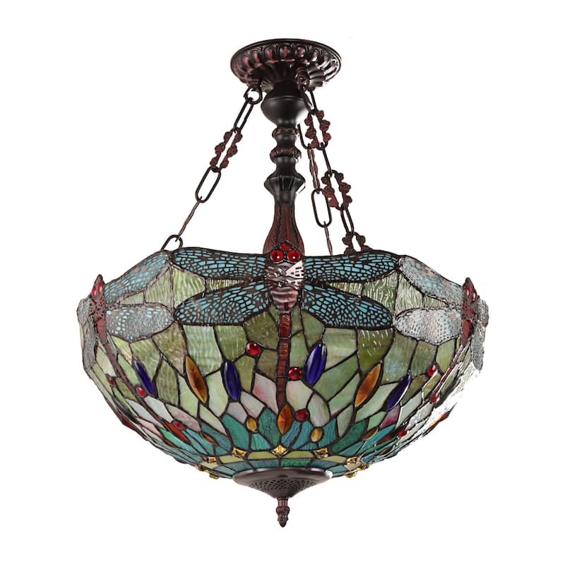 Tiffany-Style Dragonfly Design 3-light Blackish Bronze Hanging Pendant