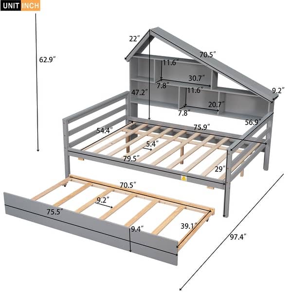 Full Size Platform Bed w/Trundle & Shelves, Solid Wood Daybed Bedframe