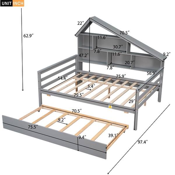 dimension image slide 0 of 2, Full Size Platform Bed with Trundle and Shelves
