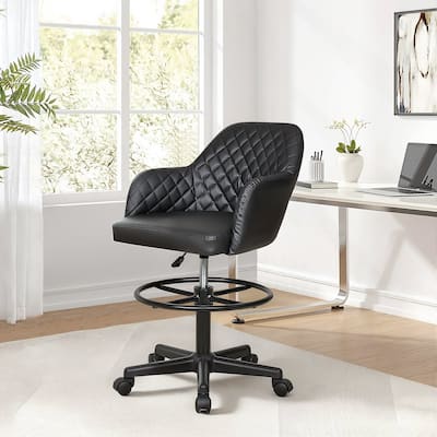 VECELO PU Leather Drafting Chairs with Adjustable Height Diamond-Stitched 360° Swivel Task Chair with Metal Frame