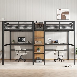Natural Wood Twin Over Twin Loft Bed with Double Desk Wardrobe Shelves Power Outlet
