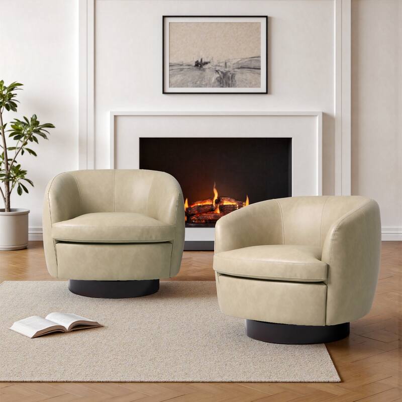 PU Upholstered Swivel Barrel Accent Chair With Wood Base (Set of 2) - Cream