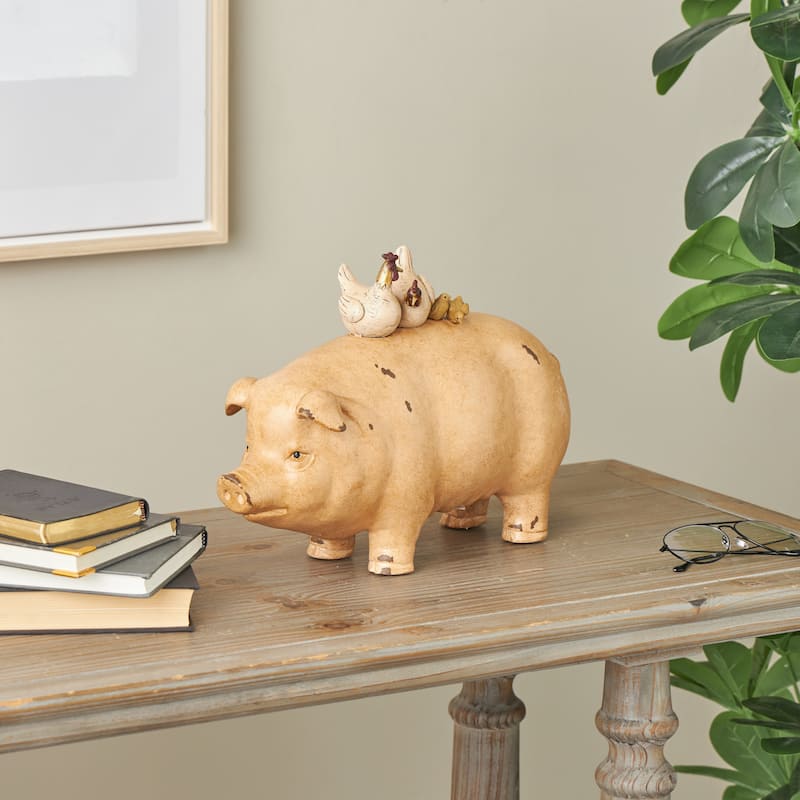 Light Brown Resin Pig Decorative Sculpture with Roosters and Chicks - 6"W x 15"L x 11"H