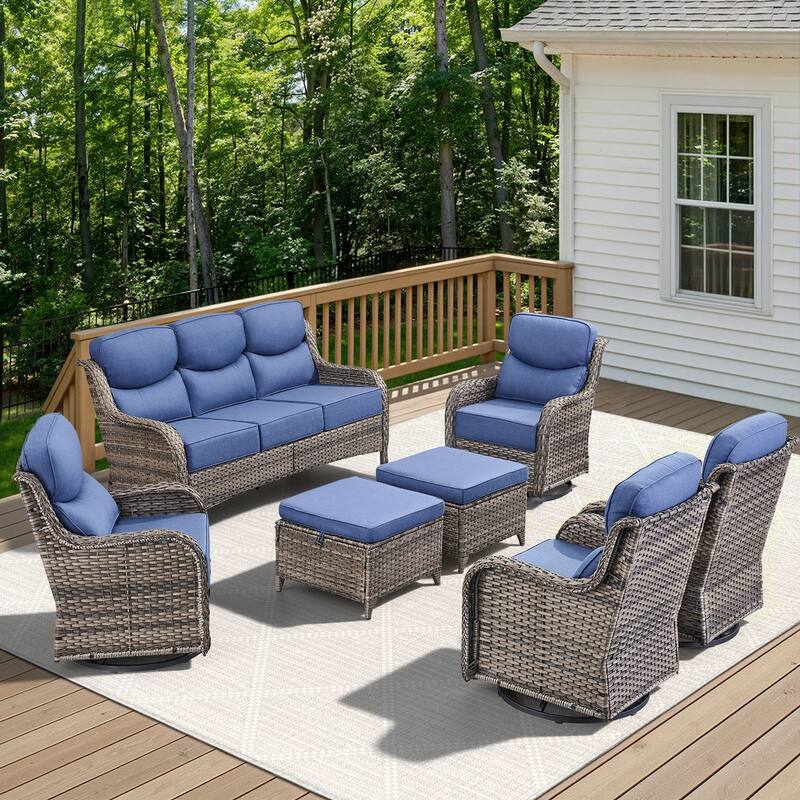 Arcadia 7-Piece Wicker Patio Conversation Set with Swivel Gliders and 6-Inch Thick Olefin Cushions