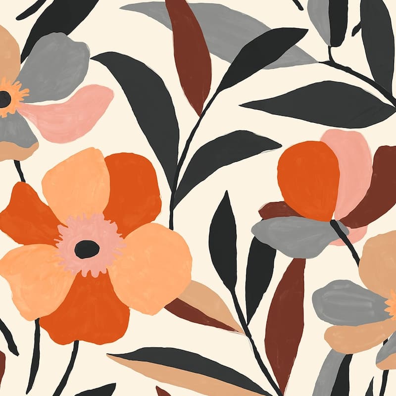 NextWall Garden Block Floral Peel and Stick Wallpaper - 20.5 in. W x 18 ft. L - Orange & Ebony