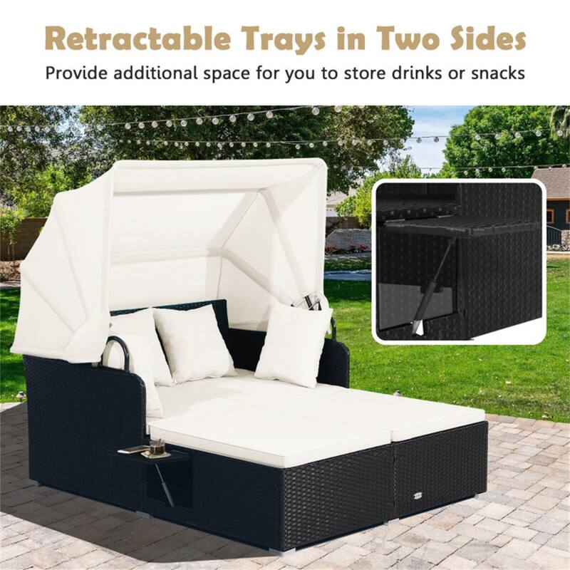 Rattan Daybed Lounge with Retractable Canopy and Side Tables - 65" x 60.5 x 58.5"