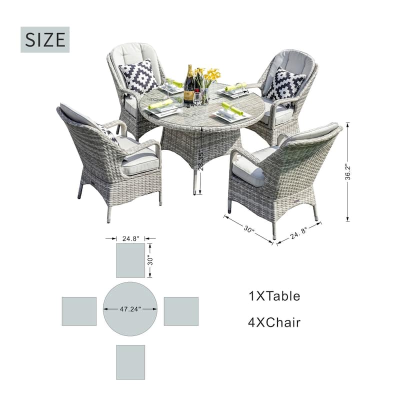 Outdoor 5-piece Aluminum Dining Set with Round Glass Table and 4 Wicker Chairs