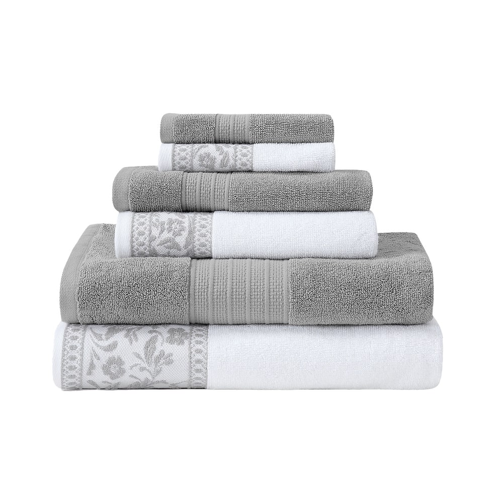 Modern Threads 6-Piece Jacquard Border Towel Set Allie - 100% Cotton, Bath, Hand & Washcloths - Elegant Floral Border