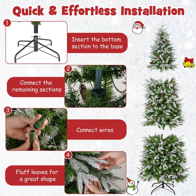 Gymax 6/7.5/9 FT Pre-Lit Artificial Christmas Tree Snow Flocked Hinged