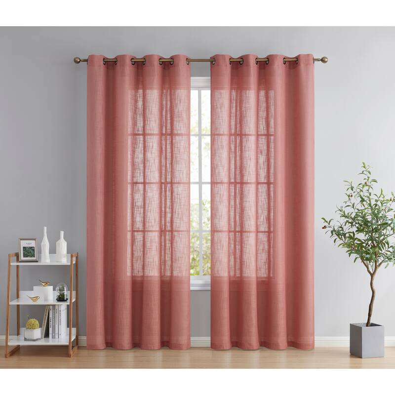 HLC.me Abbey Faux Linen Textured Semi Sheer Privacy Light Filtering Transparent Window Grommet Curtain Panels, Pair - 54 W x 96 L per panel - Set of 2 - Blush Pink