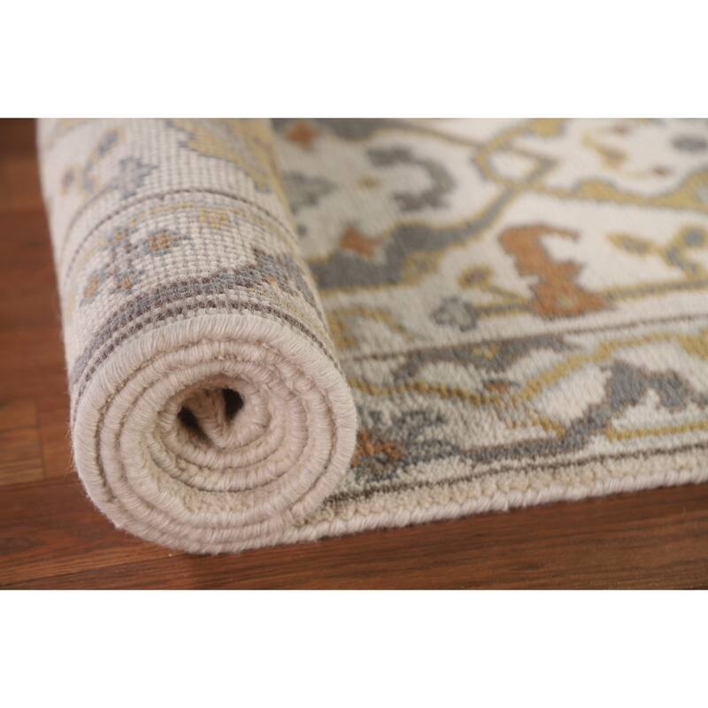 All-Over Ivory Oushak Indian Runner Rug Hand-knotted Wool Carpet - 2'6"x 10'2"