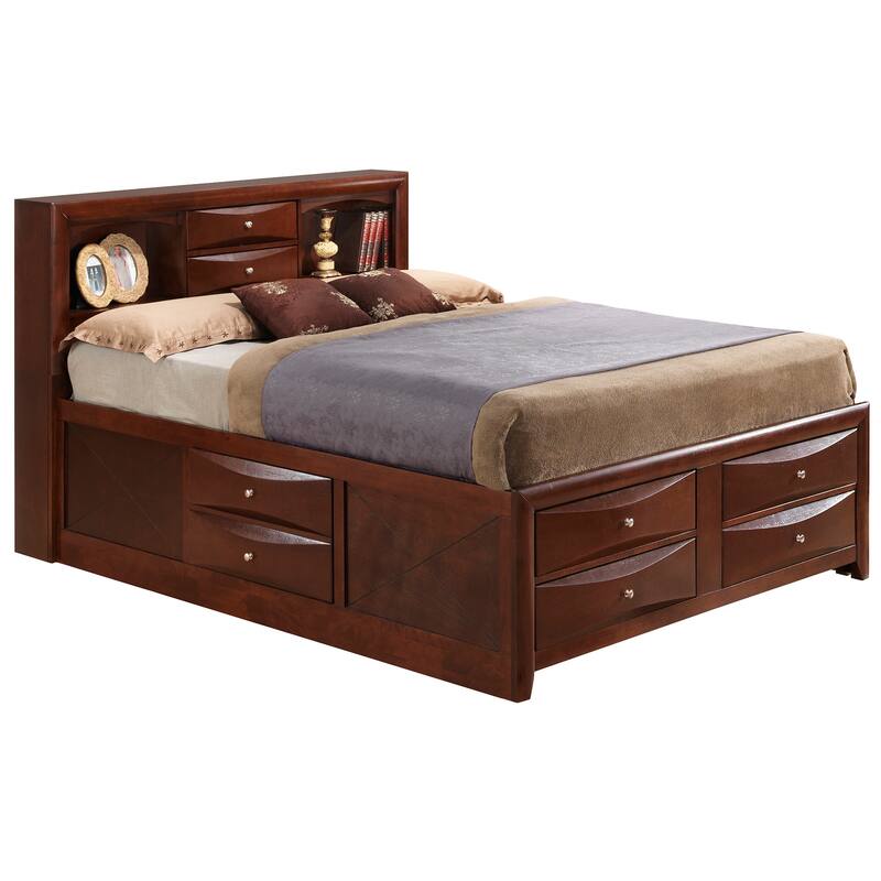King Panel Bed with Bookcase - Storage Bed, Wood Veneers, Dovetail Drawers & Open Shelves