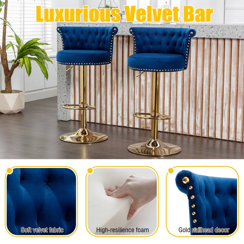 Set of 2 Velvet 360°Rotating Bar Chair, Handmade Backrest with One Click Adjustable Height Bar Chair, Very Soft Dining Chair