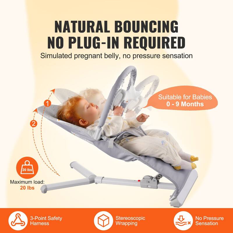 Light Grey Adjustable Baby Bouncer Seat with Toy Bar and 2 Recline Angles Foldable Rocker with Harness