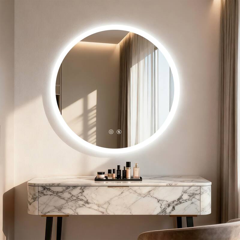 Backlit Round LED Lighted Bathroom Mirror Smart Touch Anti-Fog Wall Makeup Mirror with Aluminum Frame