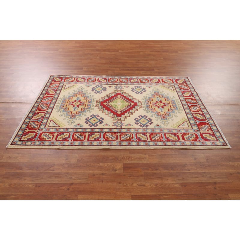 Geometric Kazak Oriental Area Rug Handmade Beige Wool Carpet - 3'11" x 6'0"