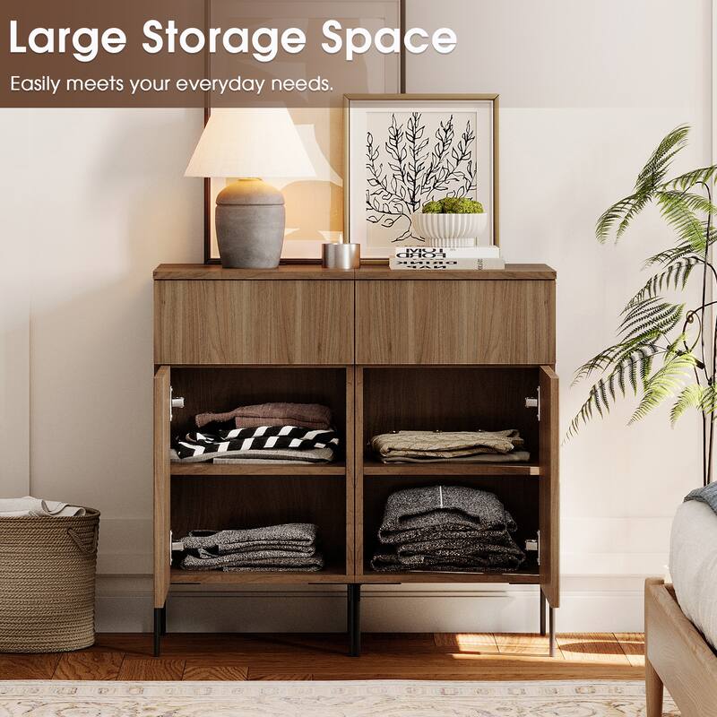 31.5" Wooden 2-Doors Sideboard With Charging Station, Modern Reeded Credenza Storage Cabinet