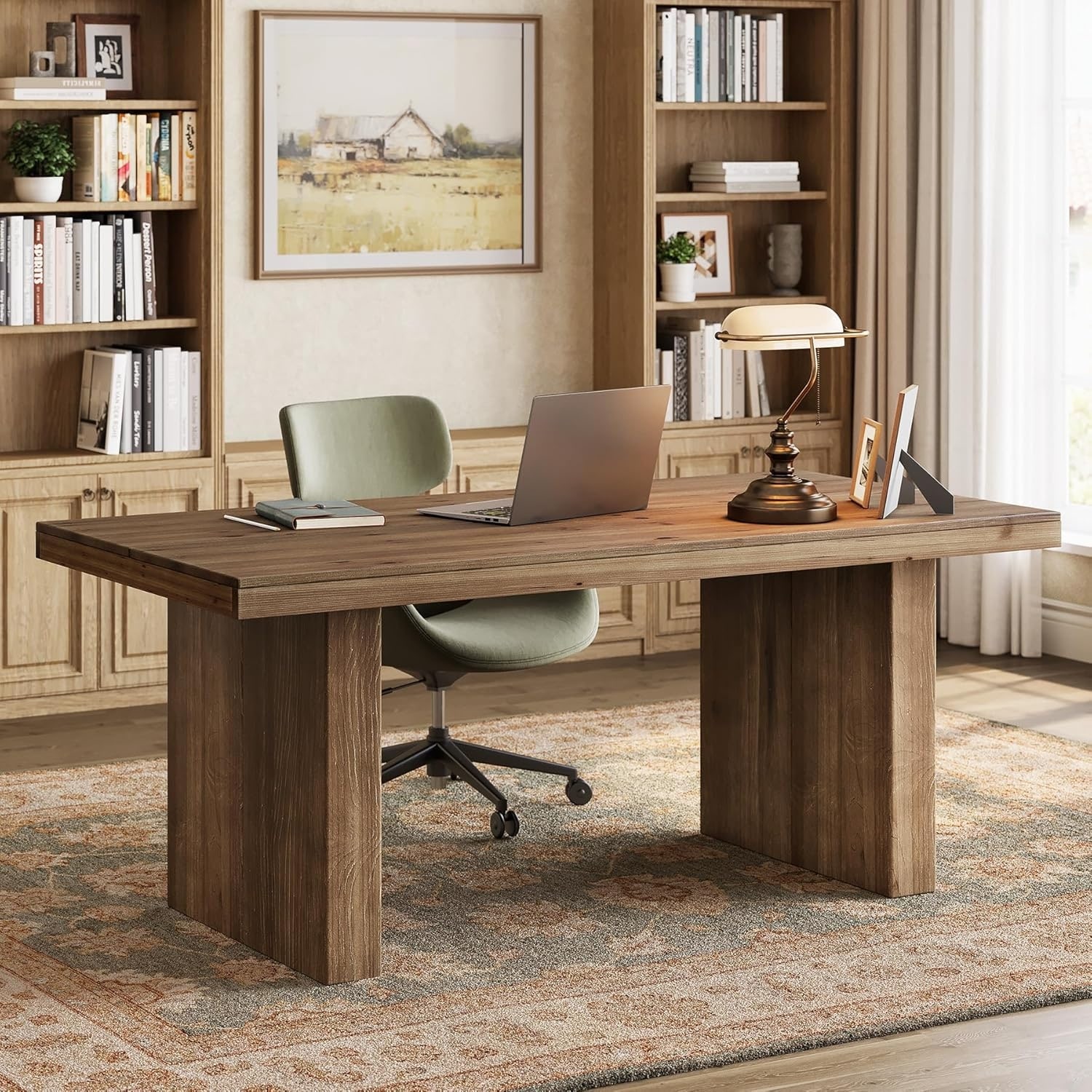 63" Solid Wood Home Office Desk,Modern Large Executive Computer Desk with Sturdy Wooden Legs