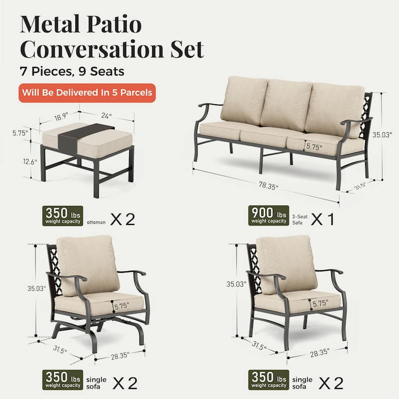 MAISON ARTS Patio Conversation Sets 5/7/9-Seat, Sofa Set with 2 Single Sofa Chairs, 3-Seater Sofa, Ottoman and Coffee Table