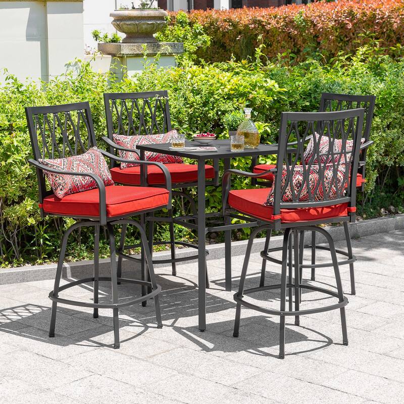 Outdoor 5PCS Metal Swivel Bar Set with Umbrella Hole and Padded Cushions - Black and Red