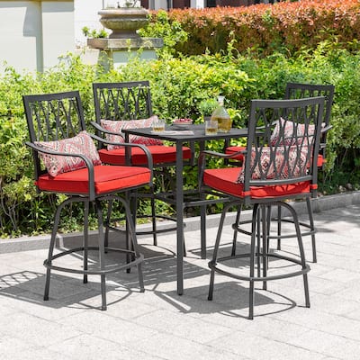 Outdoor 5PCS Metal Swivel Bar Set with Umbrella Hole and Padded Cushions
