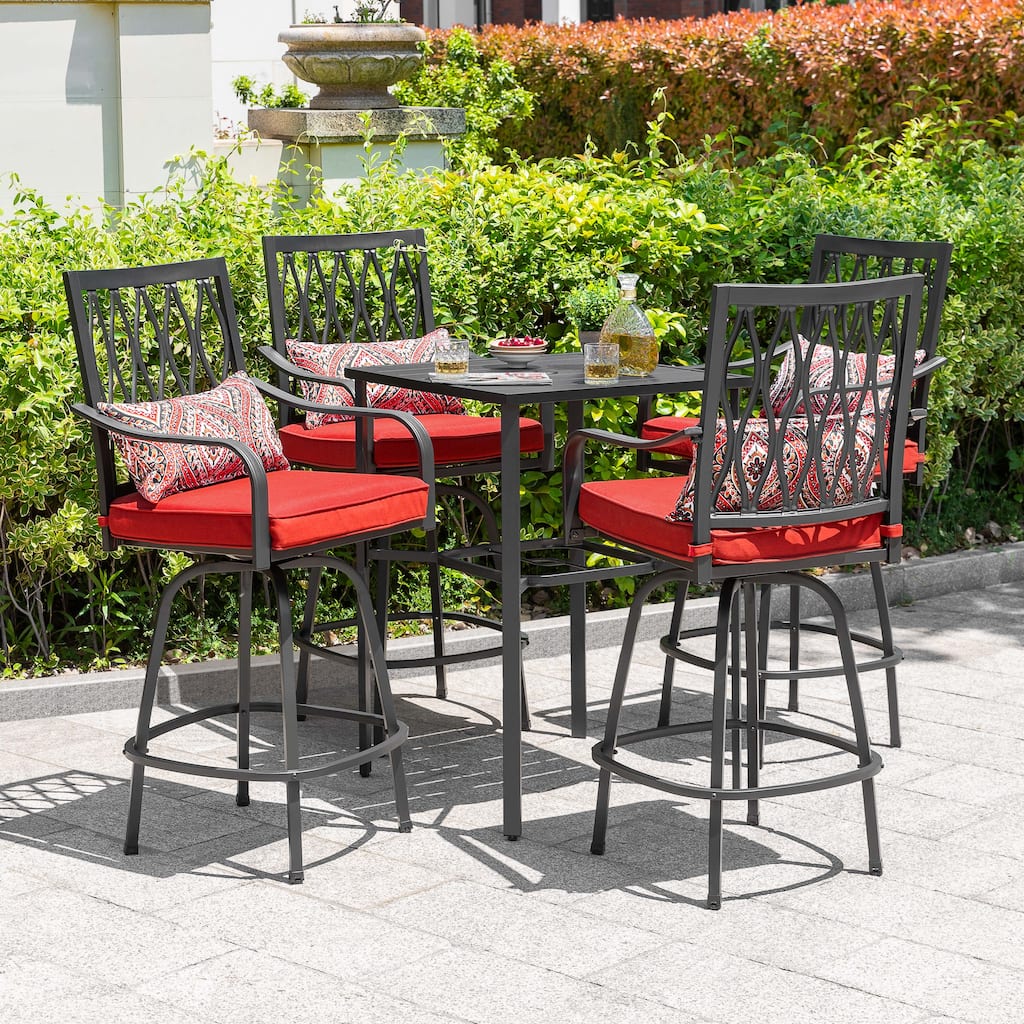 Outdoor 5PCS Metal Swivel Bar Set with Umbrella Hole and Padded Cushions