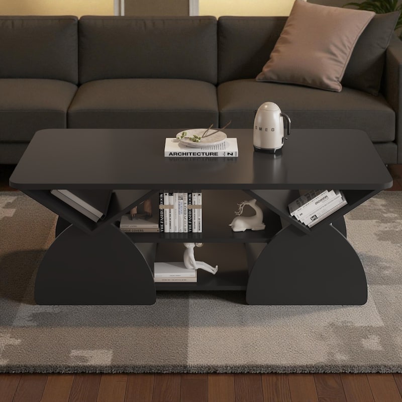 47.2'' Modern Engineered Wood Coffee Table with Open Storage Shelves, Rounded Corners & Sturdy Frame for Living Room - Black