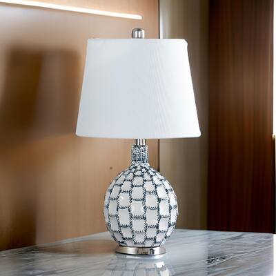 20 Inch Table Lamp, Luxurious Lattice Ceramic Body, Drum Shade, Blue Silver