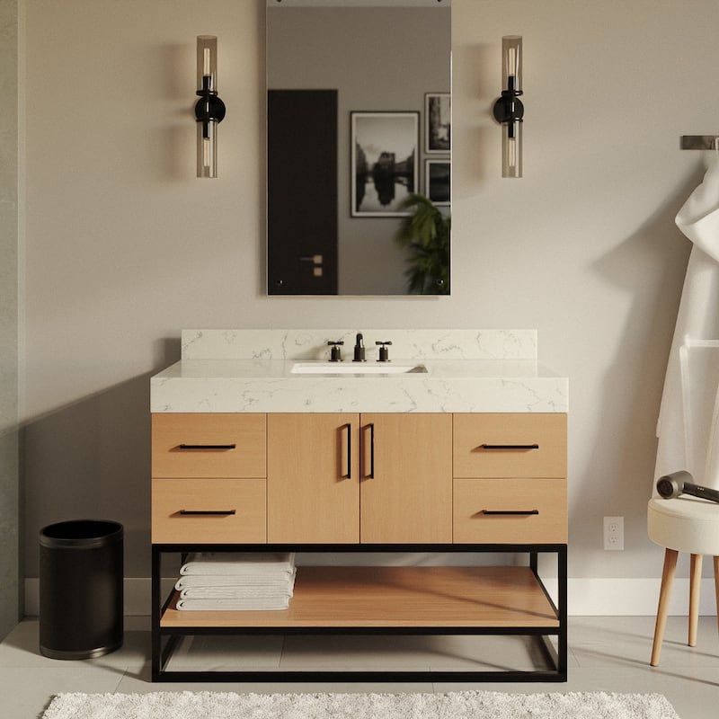 KitchenBathCollection Ellis 48" Bathroom Vanity with Engineered Marble Top - Blonde