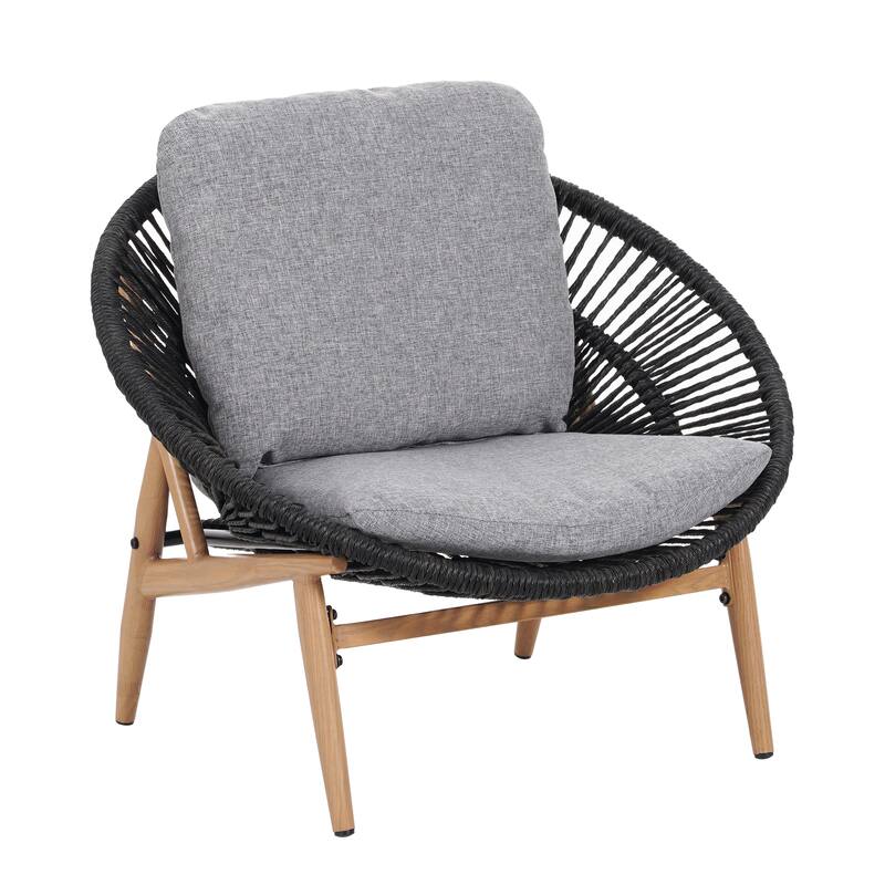 Roomfitters Cyril Outdoor Wicker Papasan Lounge Chair with Teak Finish Legs, Dark Grey and Grey - Single Unit
