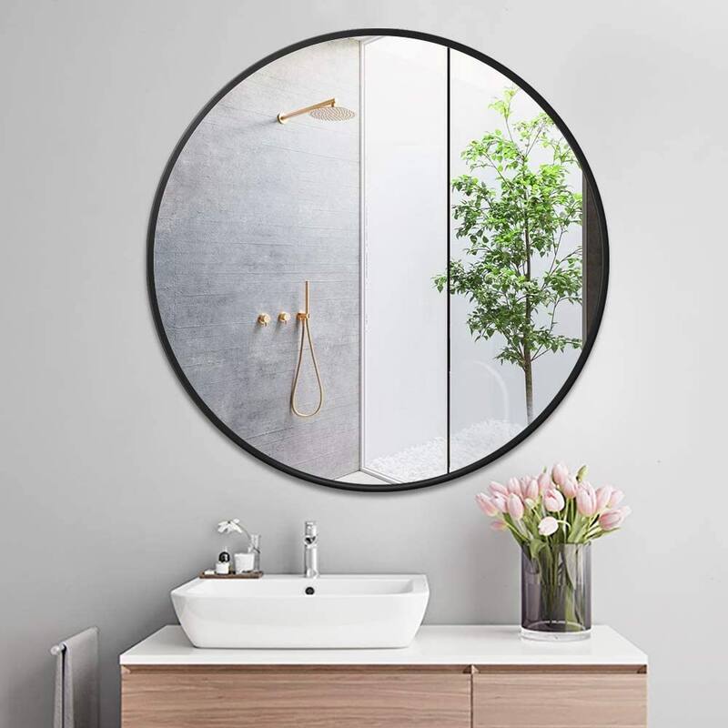 Wall Round Mirror 30'' Modern Brushed Metal Frame Wall-Mounted