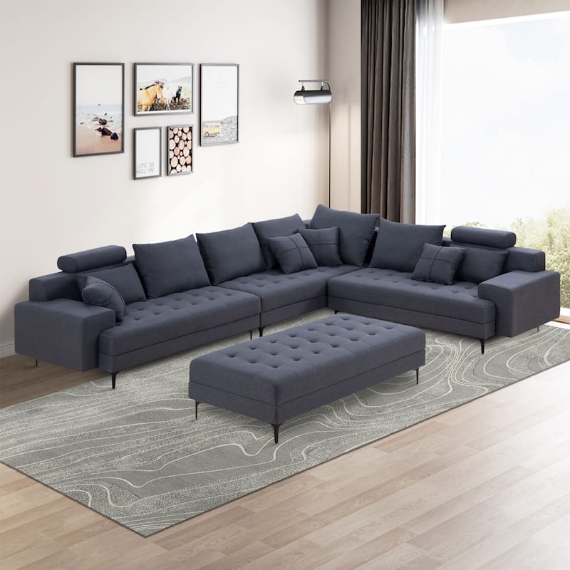 L Shaped Large Upholstered Fabric Couch Sectional Sleeper Sofa with Ottoman