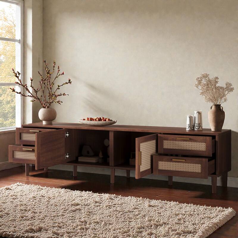 78" Rattan TV Stand for TVs up to 85", Modern Media Console with 4 Drawers, Soft-Close Hinges & Solid Wood Legs