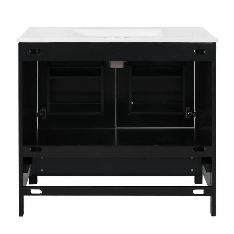 36"/30" Bathroom Vanity with Ceramic Sink, Soft-Close Doors, Double Storage Shelves & Divided Drawer