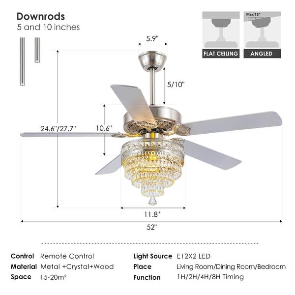dimension image slide 0 of 2, 52"/62" Modern Crystal Chandelier Ceiling Fan Light,Reversible Airflow,E12 Bulbs,for Bedroom,Kitchen,Patio