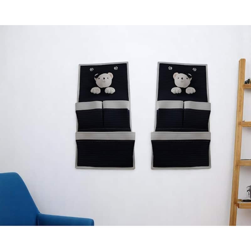 HomeRoots Set of Two Black And White Teddy Bear Three Pocket Fabric Wall Hanger - White/Black