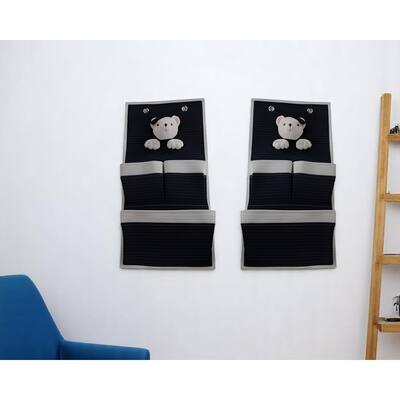 HomeRoots Set of Two Black And White Teddy Bear Three Pocket Fabric Wall Hanger